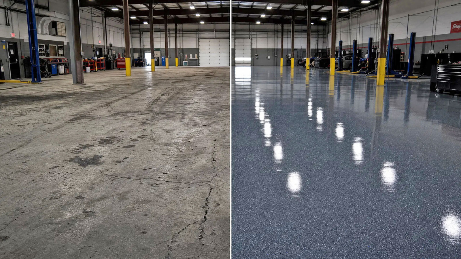 Commercial floor coating before and after — auto shop in the Louisville metro area