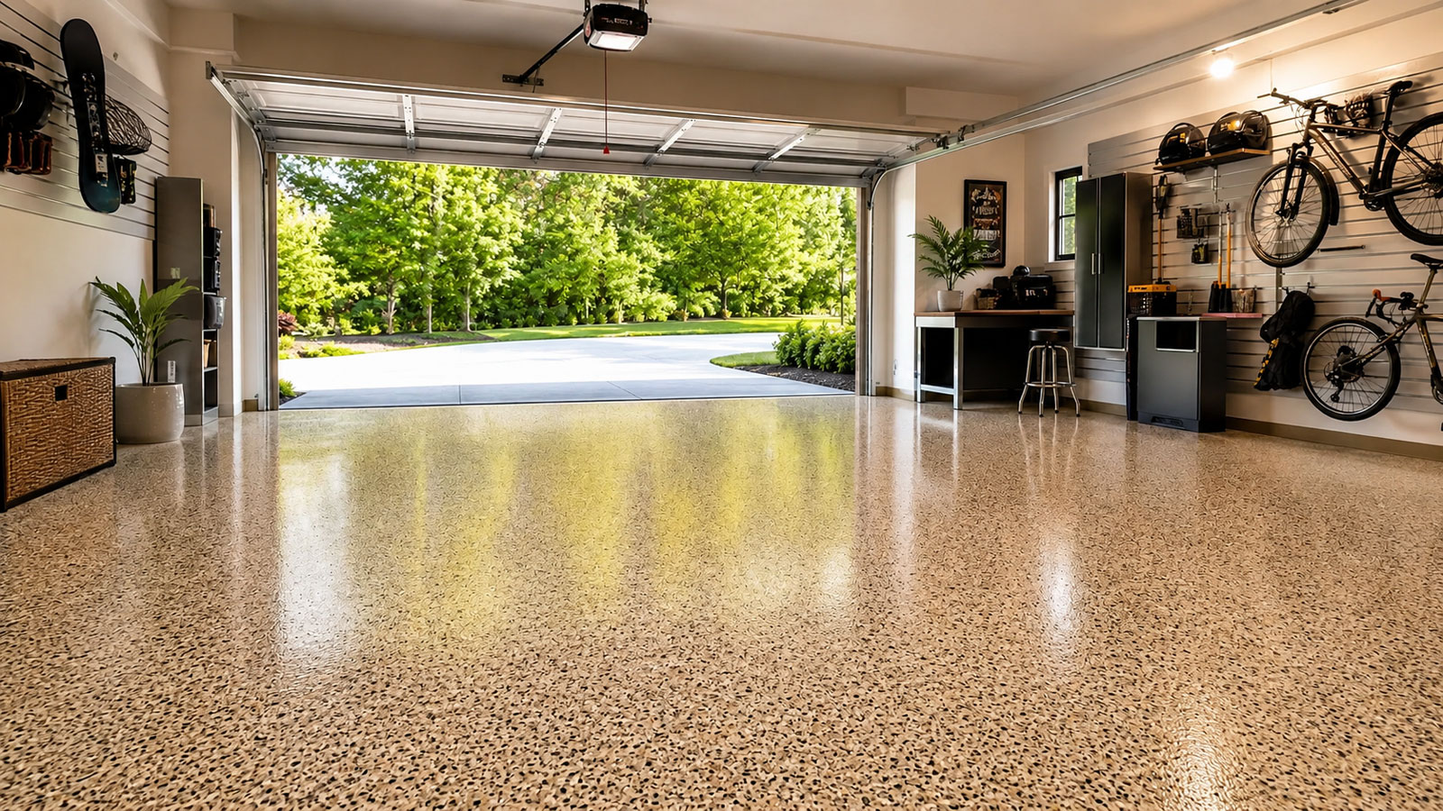 Warm, inviting residential garage with a professionally installed decorative flake floor coating